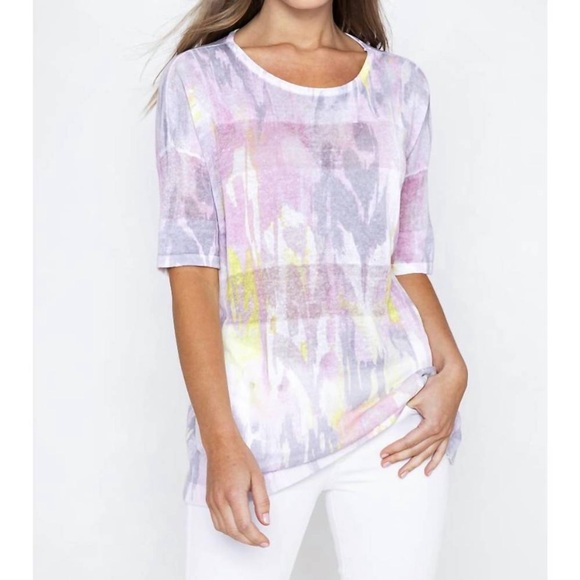 Kinross Tops - KINROSS 100% Linen Easy Pull on Bloom Multi Color Ikat Tee
